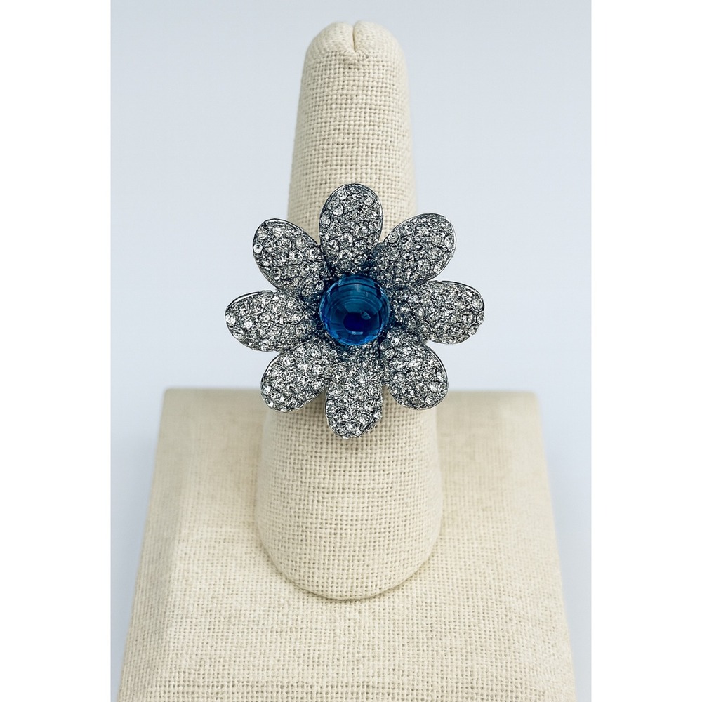 Vintage Nolan Miller Blue Stone Silver Tone Flower Petal Statement Ring Signed